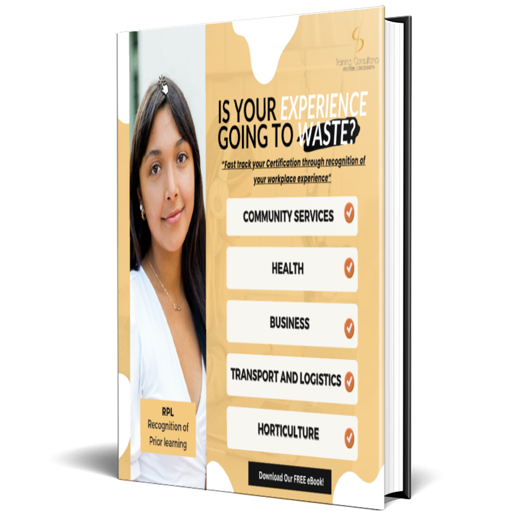 Free RPL eBook cover featuring a woman, title 'Is Your Experience Going to Waste?', and categories like Community Services and Health." DP Training